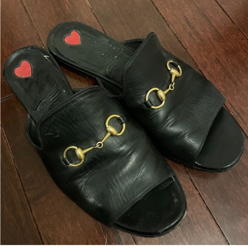 Gucci Malaga Kid Horsebit Black Leather Sandals Sz 8